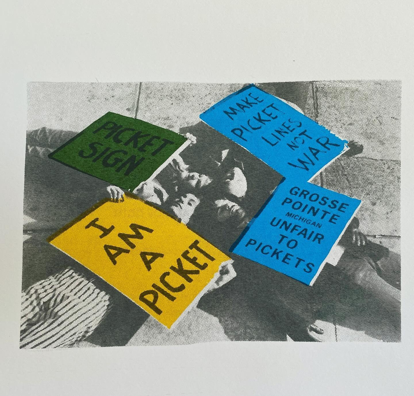 Screen printing experiments from the start of my residency @peacockandtheworm a couple weeks ago. 

This image is from a peaceful protest against Michigan&rsquo;s law that people can&rsquo;t picket  without a permit. Image from 1970&rsquo;s. 

&lsquo