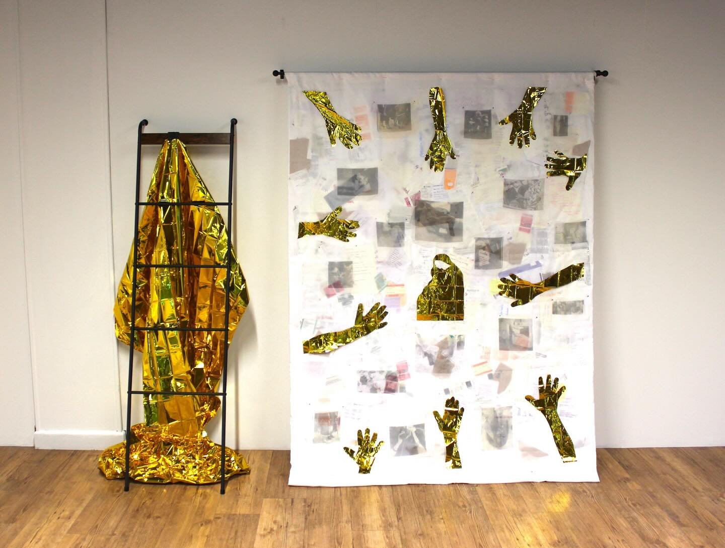 Still Waiting to be Held (2025)

Mixed media &lsquo;weighted blanket&rsquo;, Madonna statue (metal ladder and emergency blanket), and audio (00:01:45 looped). 

&lsquo;Still Waiting to be Held&rsquo; is the outcome of a six-month commissioning projec
