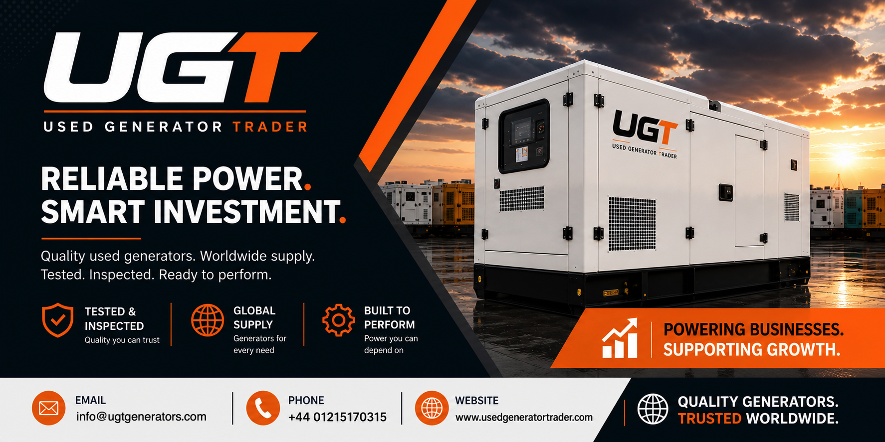 An advertisement for used generators from UGT (Used Generator Trader). The ad features a large white generator with the UGT logo on it, set against a sunset sky. It highlights reliability, global supply, inspection, and performance of the generators, with contact information including email, phone, and website.