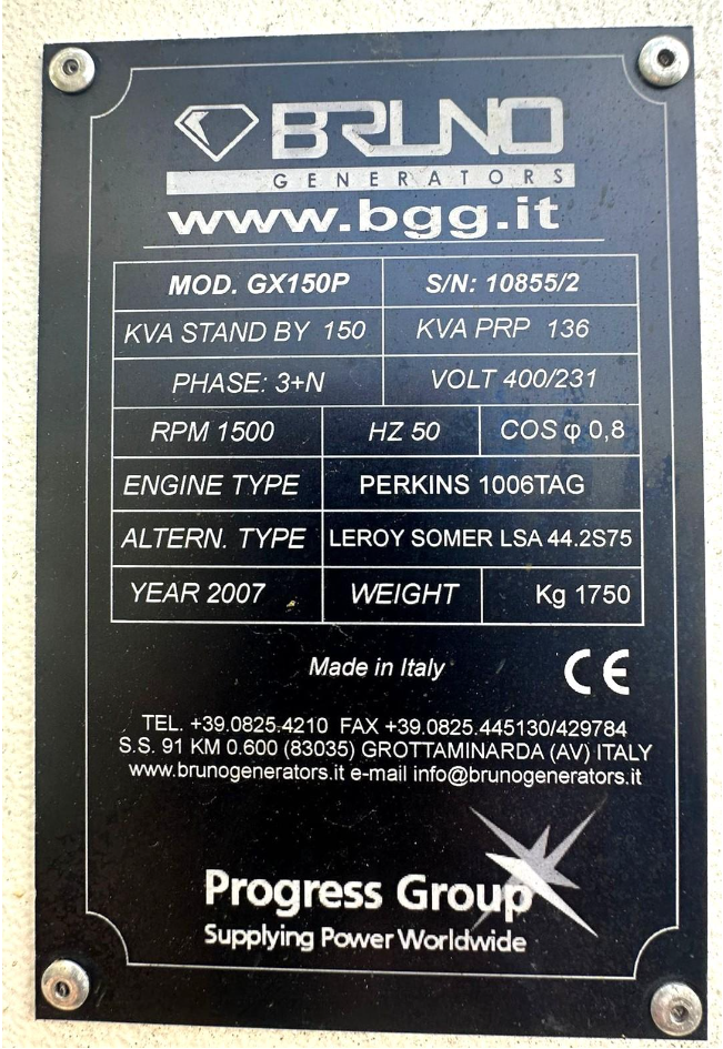 Metal nameplate indicating specifications for a BRUNO generator model GX150P, made in Italy, including electrical and mechanical details like engine type, power capacity, manufacturing year, and contact information.
