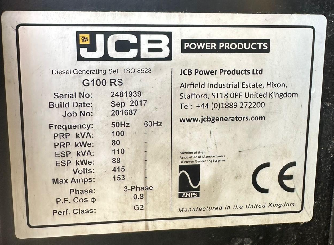 Label on a JCB diesel generator set, model G100 RS, built in September 2017, with specifications including 50/60Hz power frequency, 415 volts, 153 amps, and other technical details.