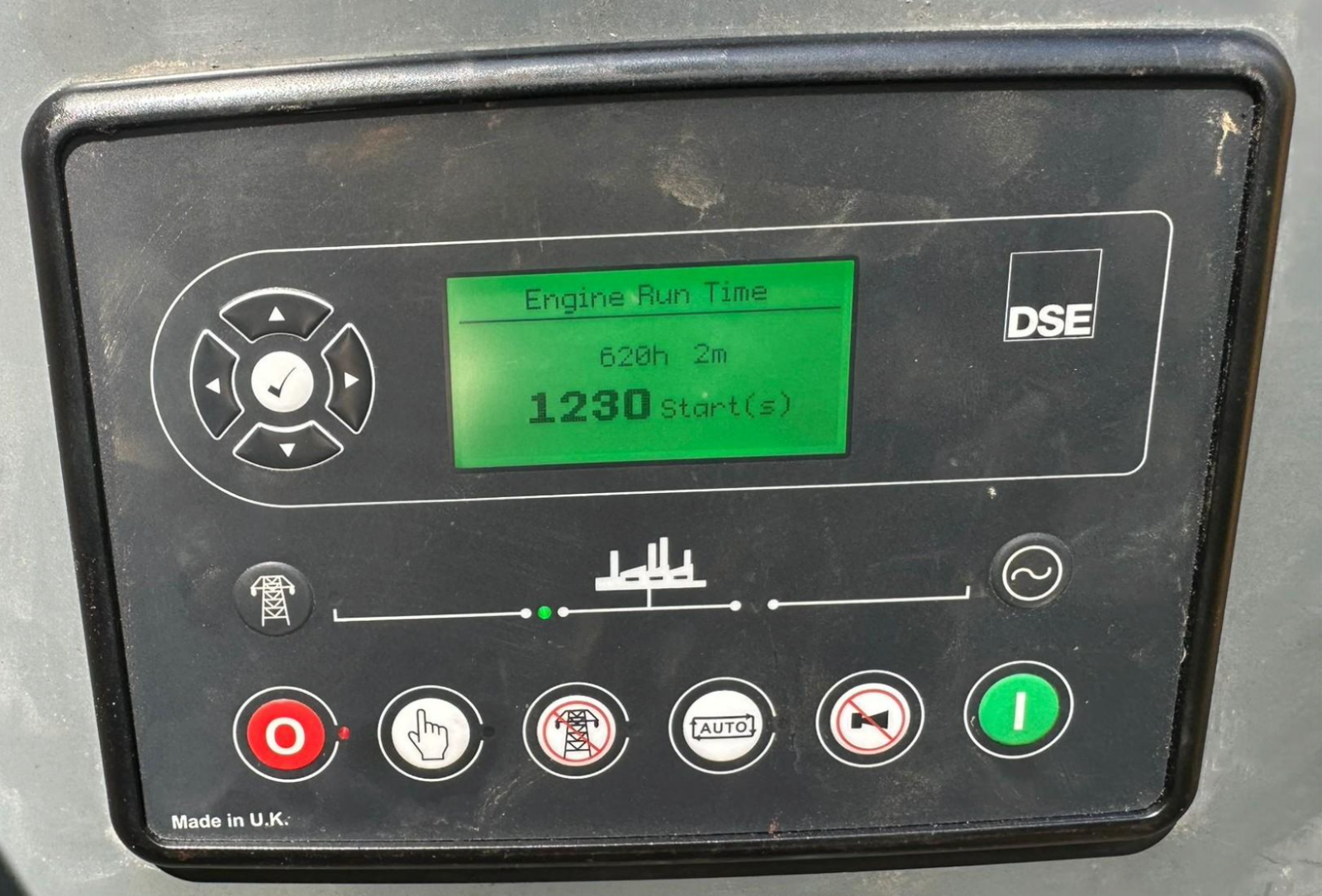 Control panel displaying engine run time of 620 hours, 2 minutes, with a start count of 1230 seconds, featuring buttons for operation and indicators for status.