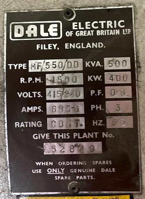 Metal label for Dale electric motor, model MF/550/DD, 500 KVA, 1500 RPM, 415/240 volts, 400 KW, 0.3 P.F., 695.3 Amps, three-phase, 50 Hz, manufactured by Dale of Great Britain, located in Filey, England, with serial number 52849, used for spare parts