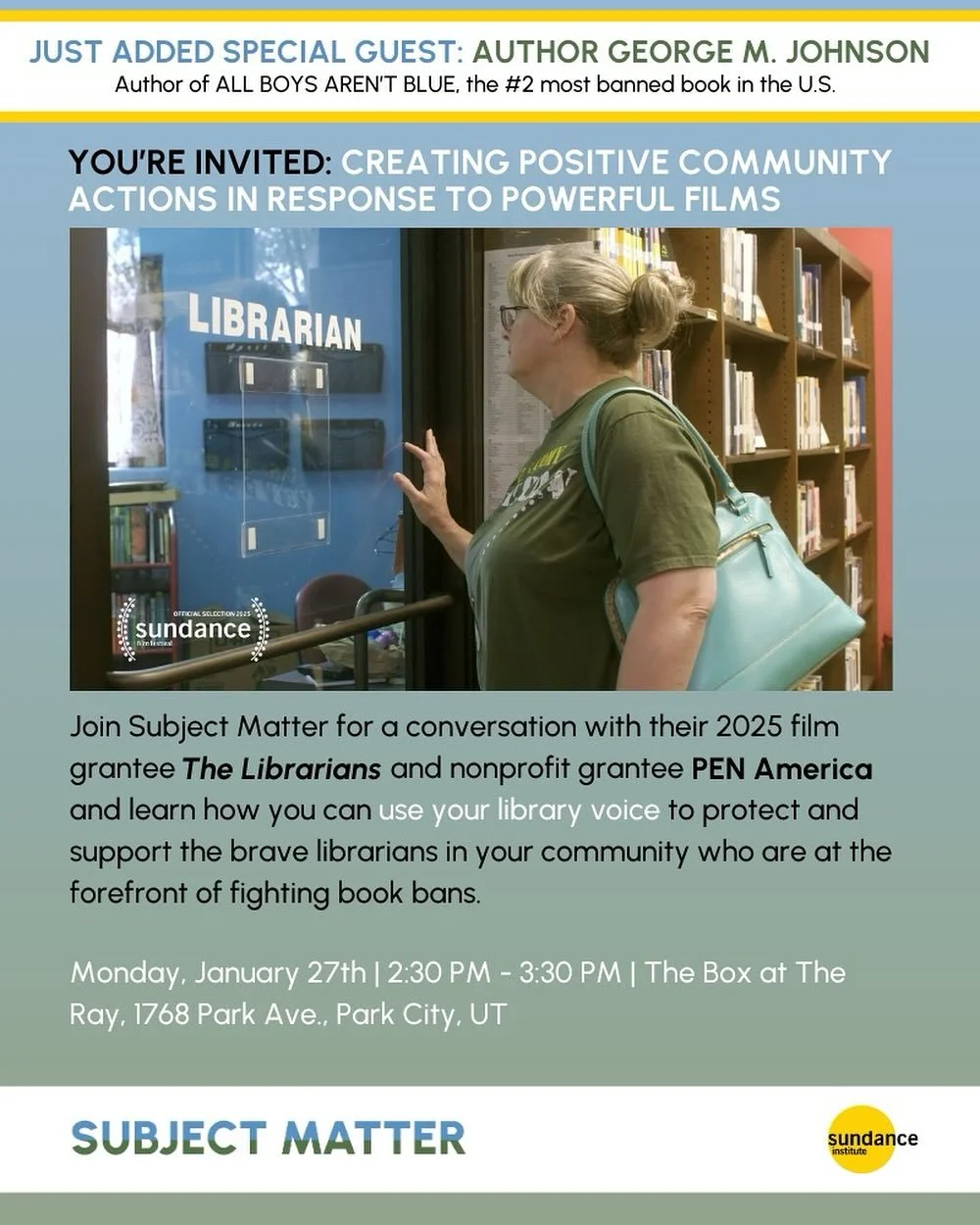 Special guest @iamgmjohnson, author of All Boy&rsquo;s Aren&rsquo;t Blue - the #2 most banned book in the U.S., has been added to our panel on Monday, 1/27 at 2:30 pm at The Box at The Ray. Join us for a conversation with The Librarians director Kim 