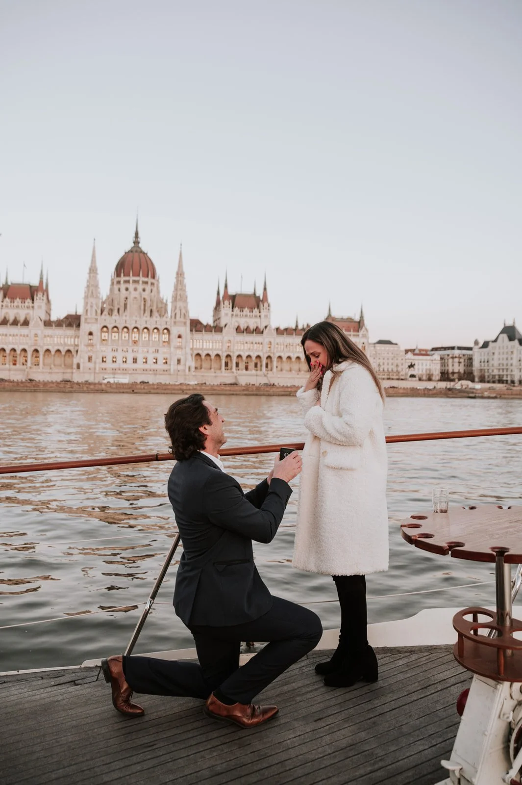 Romantic golden hour proposal in budapest on a private yacht