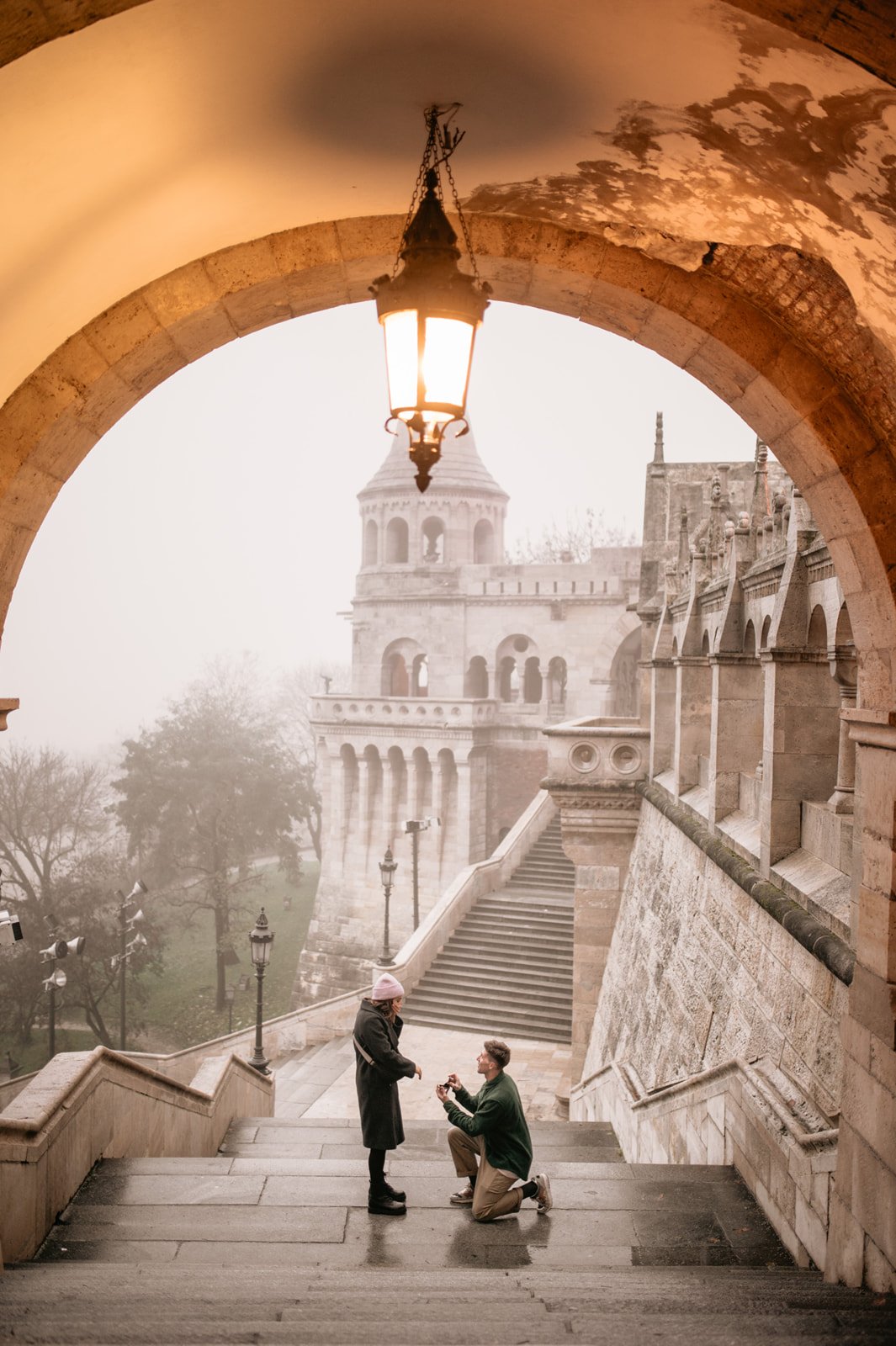 Sunrise view through the arches of Fisherman's Bastion in Budapest