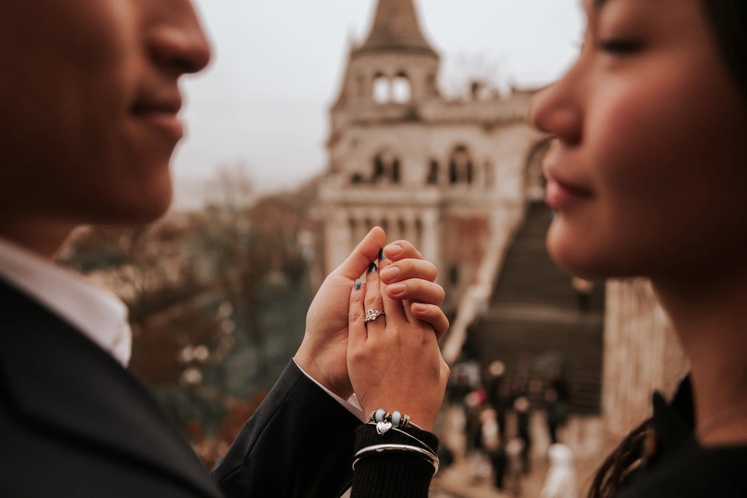 Engagement ring detail photographed during a proposal at Fisherman's Bastion Budapest