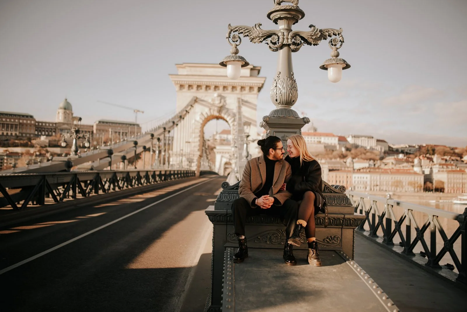 Budapest romantic engagement session after a proposal at Chain Bridge