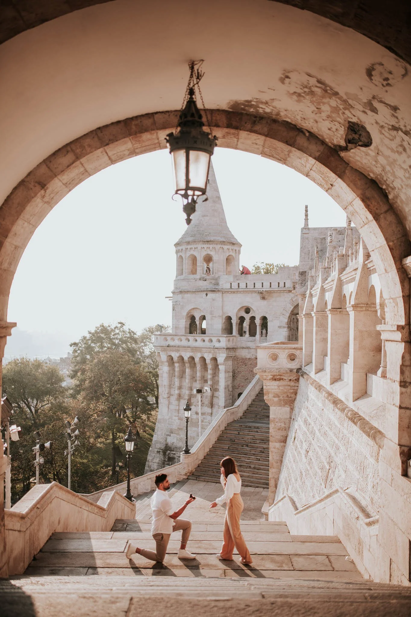 Fisherman's Bastion staircase and panoramic Budapest skyline during sunrise