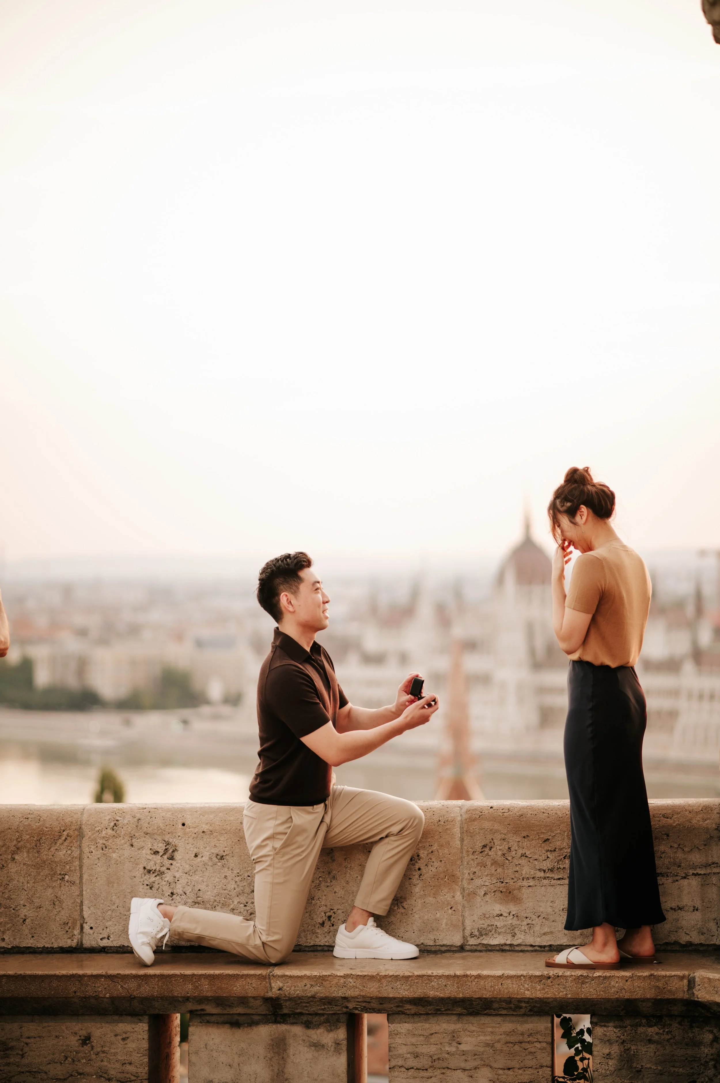 Sunrise marriage proposal at Fisherman's Bastion overlooking the Hungarian Parliament in Budapest