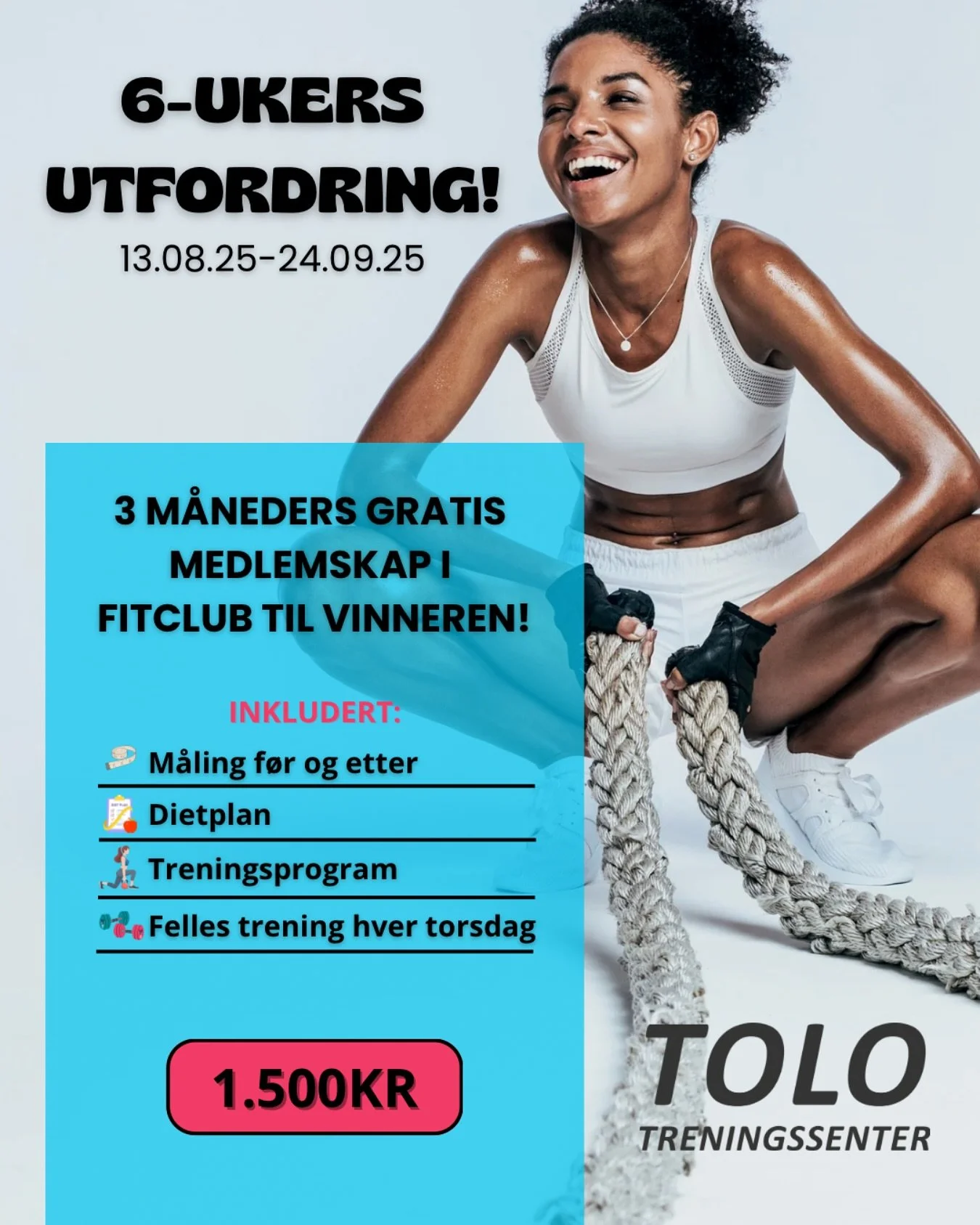 Sommeren g&aring;r mot slutten, og skolestart og jobb n&aelig;rmer seg. TOLO setter i gang en ny 6-ukers utfordring 13. august. 

Bli med og f&aring; en energisk og m&aring;lrettet start p&aring; h&oslash;sten!

#tolotreningssenter #klepp #j&aelig;re