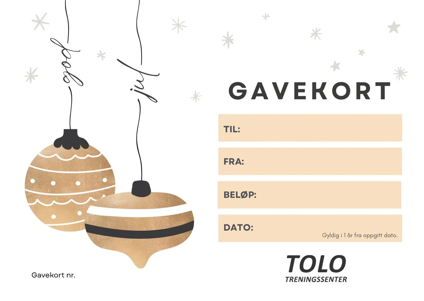 Gi trening i julegave!

Overrask noen du er glad i med en gave som faktisk gj&oslash;r en forskjell.
Du velger selv bel&oslash;pet, og mottakeren kan bruke gavekortet p&aring; akkurat det som passer best:

&bull; PT-timer
&bull; FitClub
&bull; Medlem