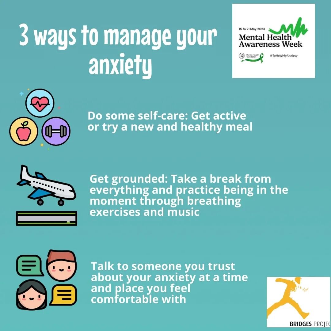 Three things we can all do to reduce our anxiety 😌

Source: Our Bridges Foundations workbook on Managing Anxiety 🤗

@mentalhealthfoundation

#MentalHealthAwarenessWeek #ToHelpMyAnxiety #MentalHealthAwarenessWeek2023 #MentalHealthAwarenessWeek23 #MH