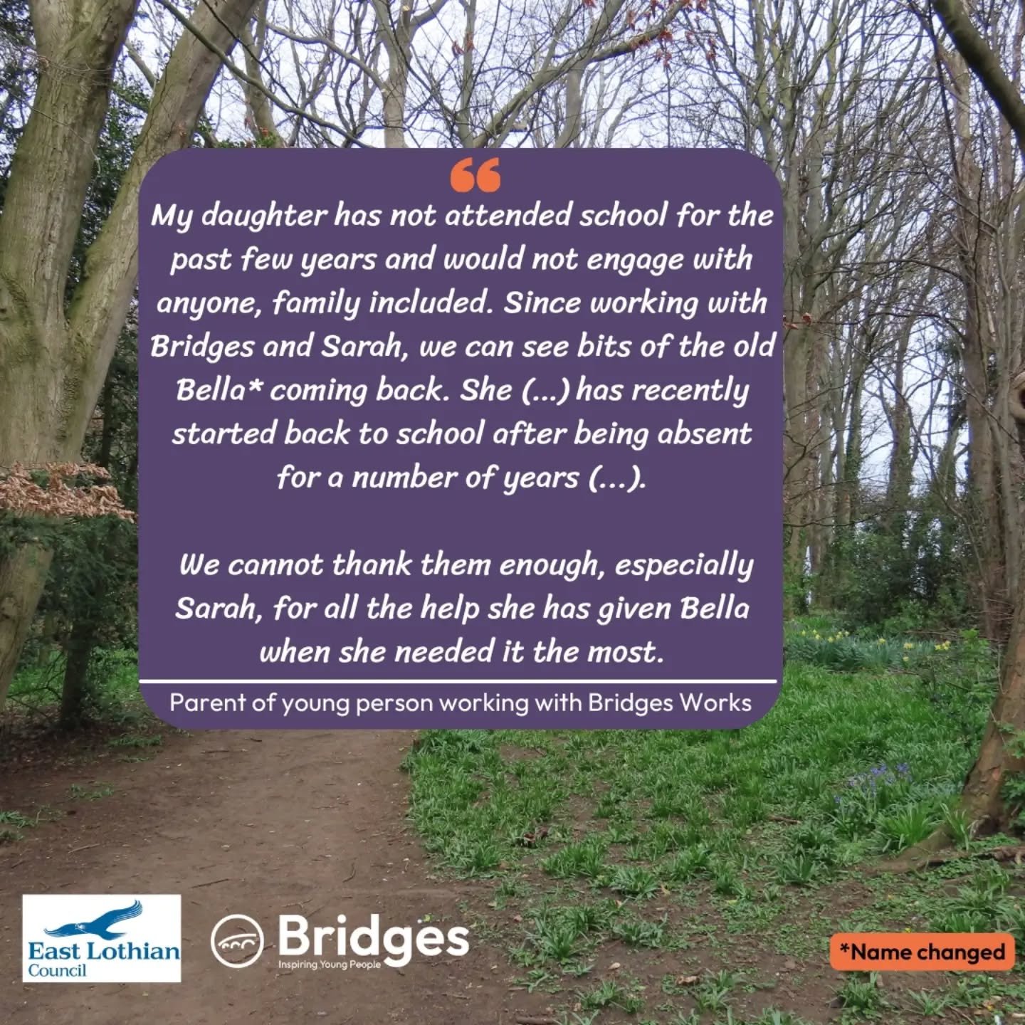 From not attending school to going back after several years 🎒↩️

This Throwback Thursday's quote tells a powerful story about someone working with Sarah from our Bridges Works programme 💜

#ThrowbackThursday #Stories #YoungPeople #EastLothian #Char