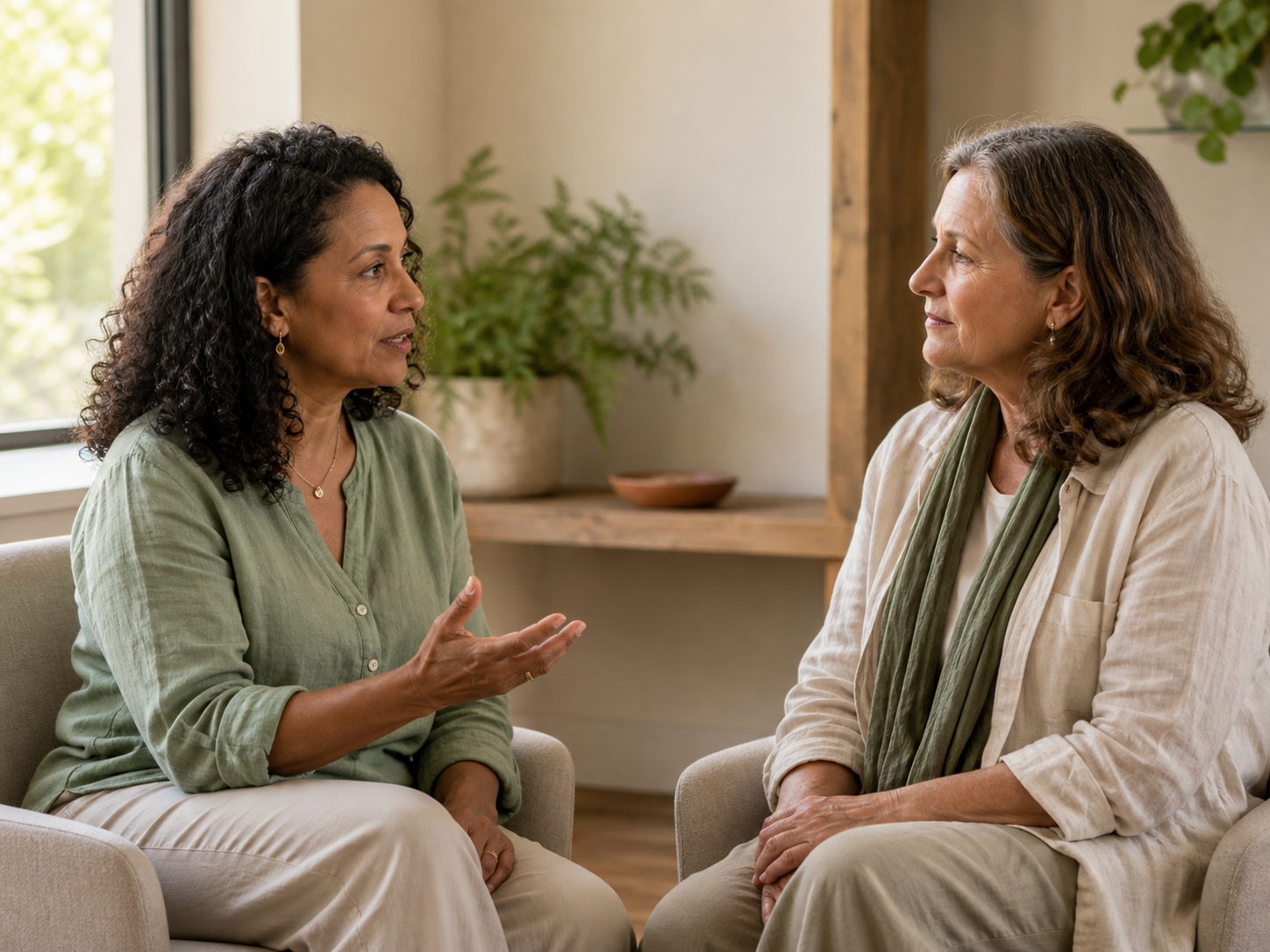 Two women having a conversation in a cozy, well-lit room with a window and plants in the background.