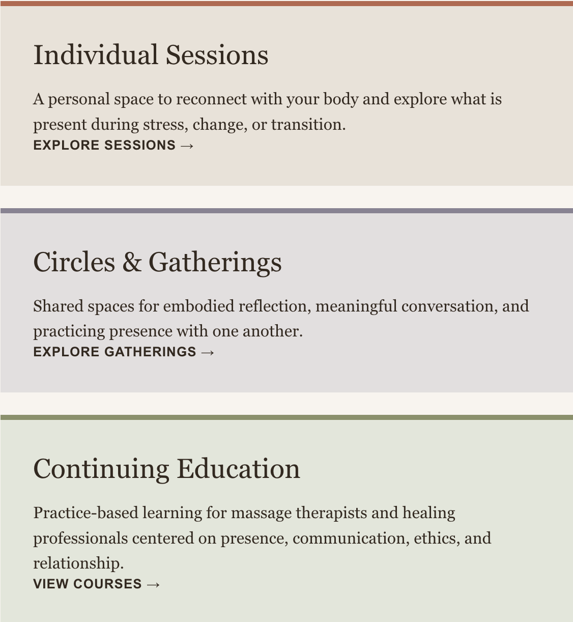 Text listing different health and wellness programs, including Individual Sessions, Circles & Gatherings, and Continuing Education, with brief descriptions and navigation prompts.