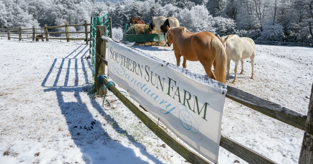 Rescue Horses on a snow covered farm