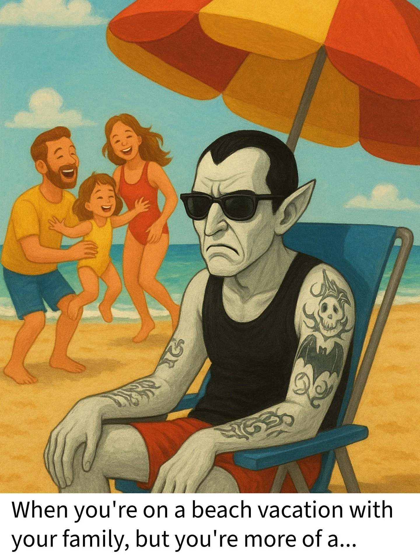 When you&rsquo;re on a beach vacation with your family, but you&rsquo;re more of a &ldquo;stay out of the sun and get some more tattoos&rdquo; kind of vampire. We get you.

@doctattoos 
@pepetat2 
@ratattooillee 
@sailorhollypiercing 

Shoreline Tatt