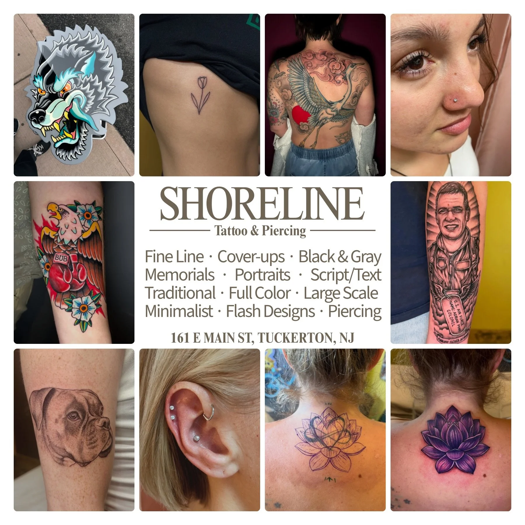 Welcome in 🌊🌲🤝

Driving up or down 9? Turn at the Dunkin Donuts in Tuckerton, NJ. Garden State Parkway? A few minutes from exit 58. 

Online requests and booking ⚓︎ shorelinetattooandpiercing.com

Call/text: (609)334-4386

Follow:

@doctattoos 
@p