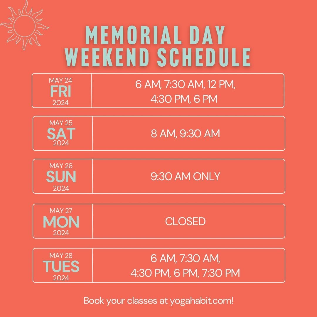 The unofficial start to summer has begun 😎 
Happy MDW, friends!

Check out our holiday weekend schedule! ⬇️

⛱️ Friday May 24th - normal schedule
⛱️ Saturday May 25th - normal schedule
⛱️ Sunday May 26th - 9:30 am ONLY
⛱️ Monday May 27th - CLOSED
⛱️