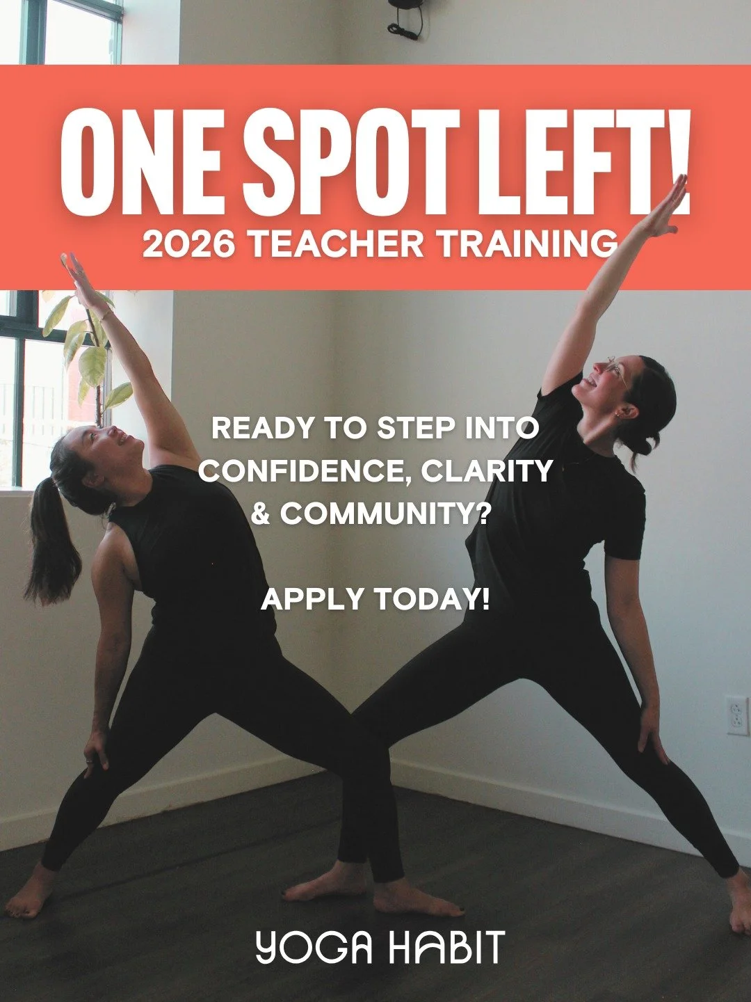 ONE SPOT LEFT!

Our 2026 Teacher Training is designed for those ready to deepen their practice and step into confident, authentic leadership on and off the mat.

Don't wait, apply today to grab the last spot! Registration closes 12/31. Teacher traini