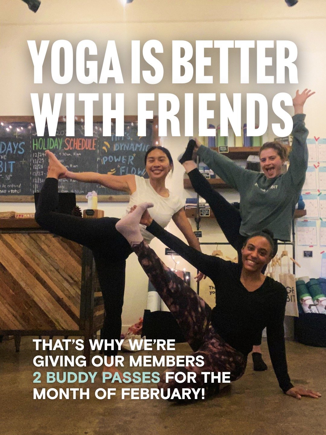 We're spreading the love this month!

This February, all members will receive TWO buddy passes. Tell a friend and show them why you love Yoga Habit.

Questions about buddy passes or other membership perks? Send us a DM!