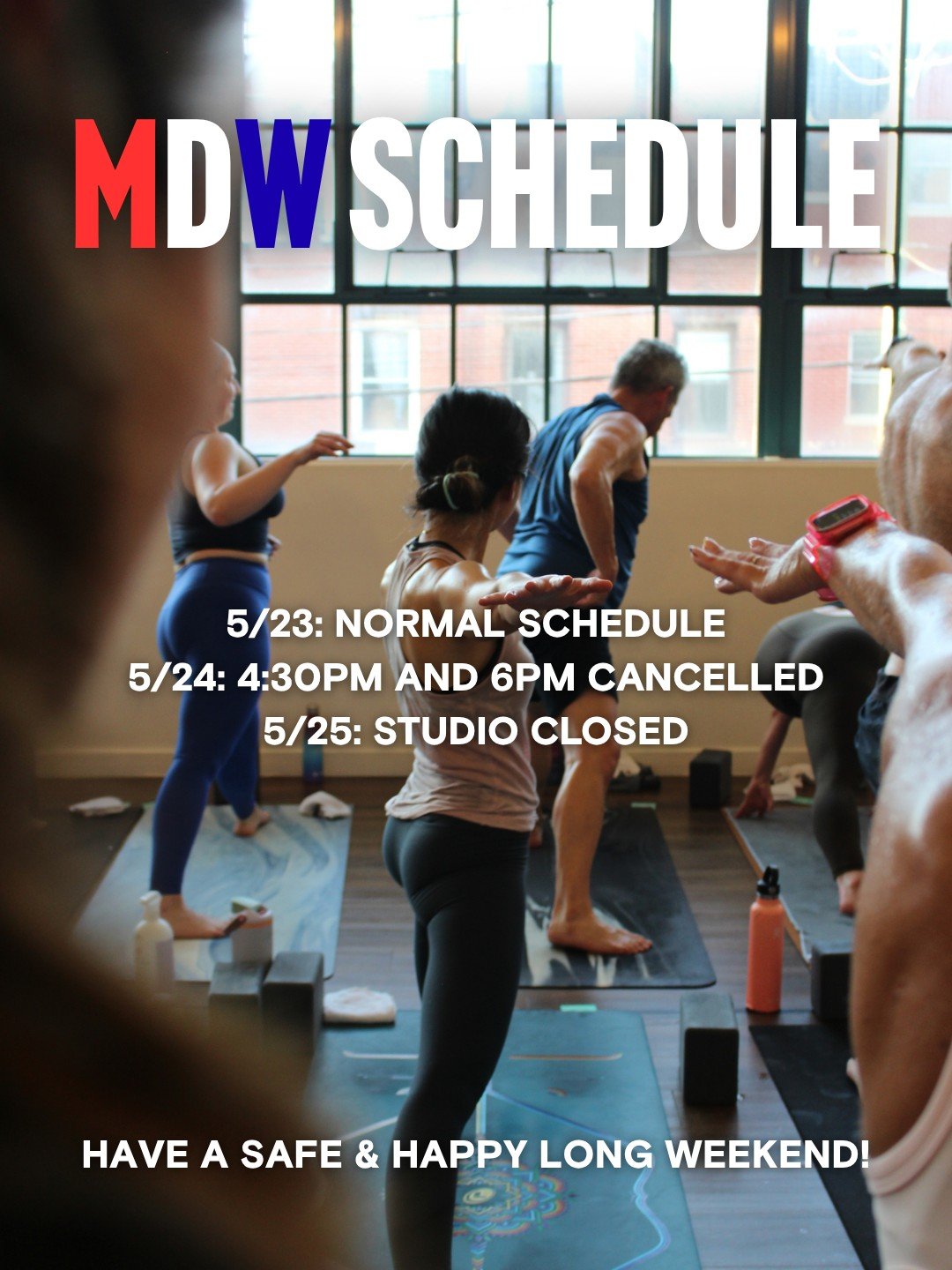 Schedule update for Memorial Day Weekend 🎆 

Meet us on the mat before kicking off the long weekend! We&rsquo;re open Saturday for our full class schedule and Sunday morning for your pre-beach flow ☀️

What class is a must before hitting the beach??