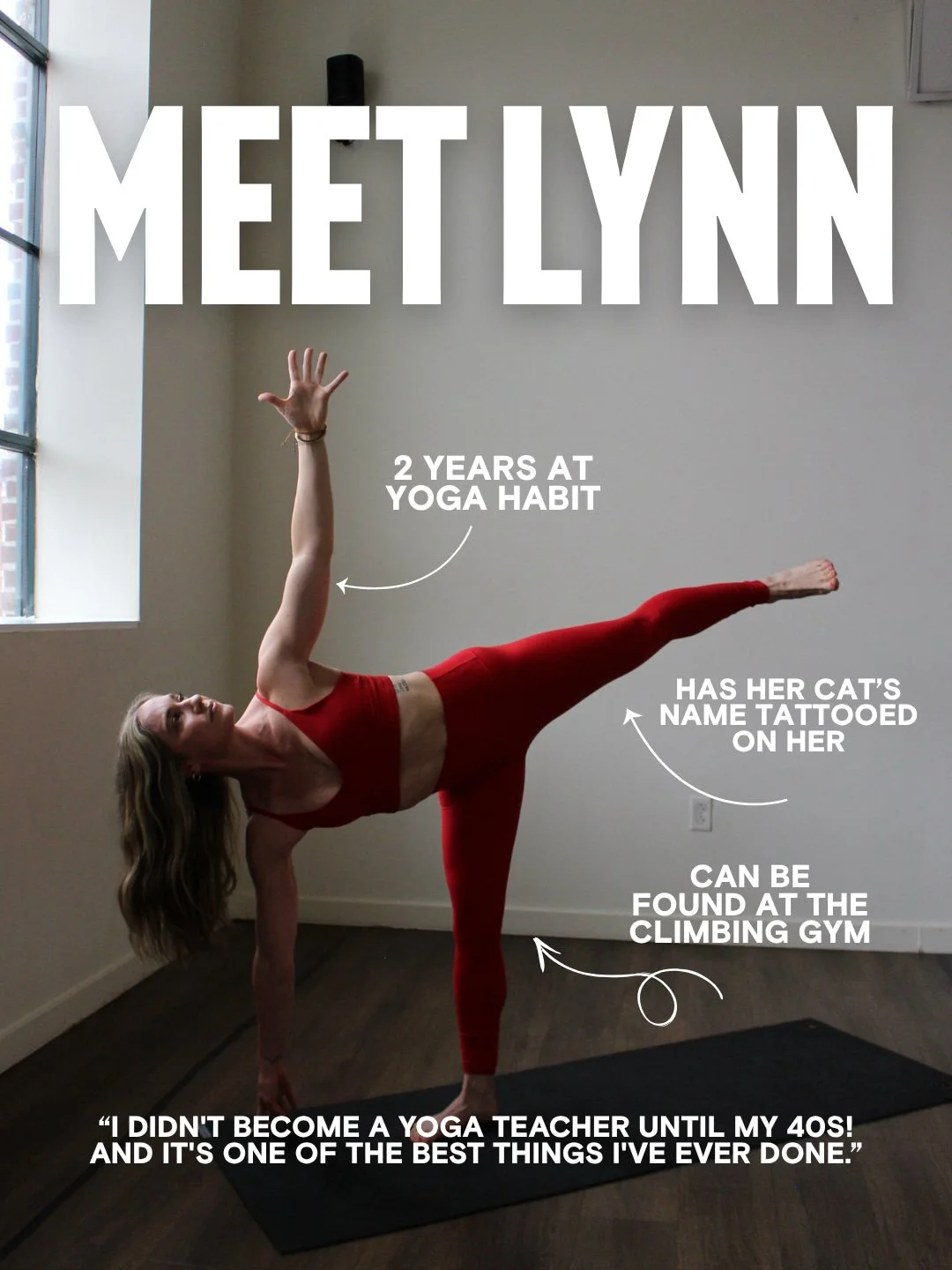 Meet @lmmeowww!

Lynn splits her time between the yoga mat and the climbing wall and just leveled up with her lead climbing certification 🧗

She stepped into teaching yoga in her 40s and never looked back... a reminder that it&rsquo;s never too late