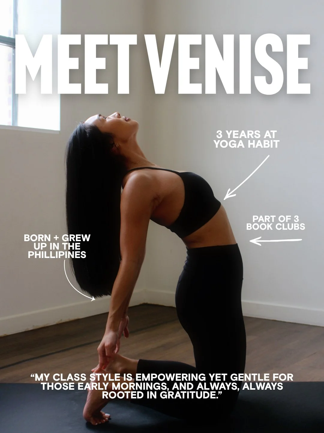 Meet @venisejsalcedo!

A proud first-generation immigrant, Venise has been part of the Yoga Habit community for more than 7 years and has been sharing her practice as a teacher for the past 3.

Wake up on Wednesdays @ 6am with an empowering, gentle f