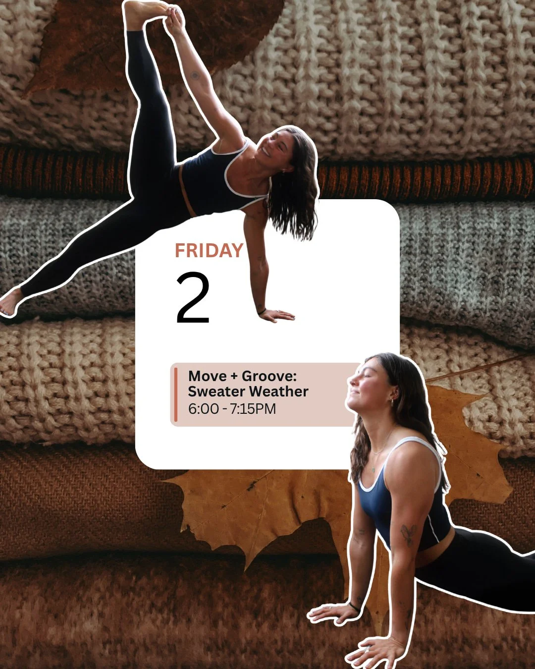 Add this Move + Groove to your October calendar! 

Join Jess for a 75-minute grounding, cozy flow and a playlist made for sweater weather 🍂 Think Bon Iver, Phoebe Bridgers, The Cranberries, Fleetwood Mac, Clairo, The Lumineers, Gregory Alan Isakov +