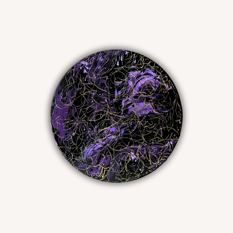A round abstract artwork with black, purple, and gold colors, featuring swirling patterns and tangled lines.