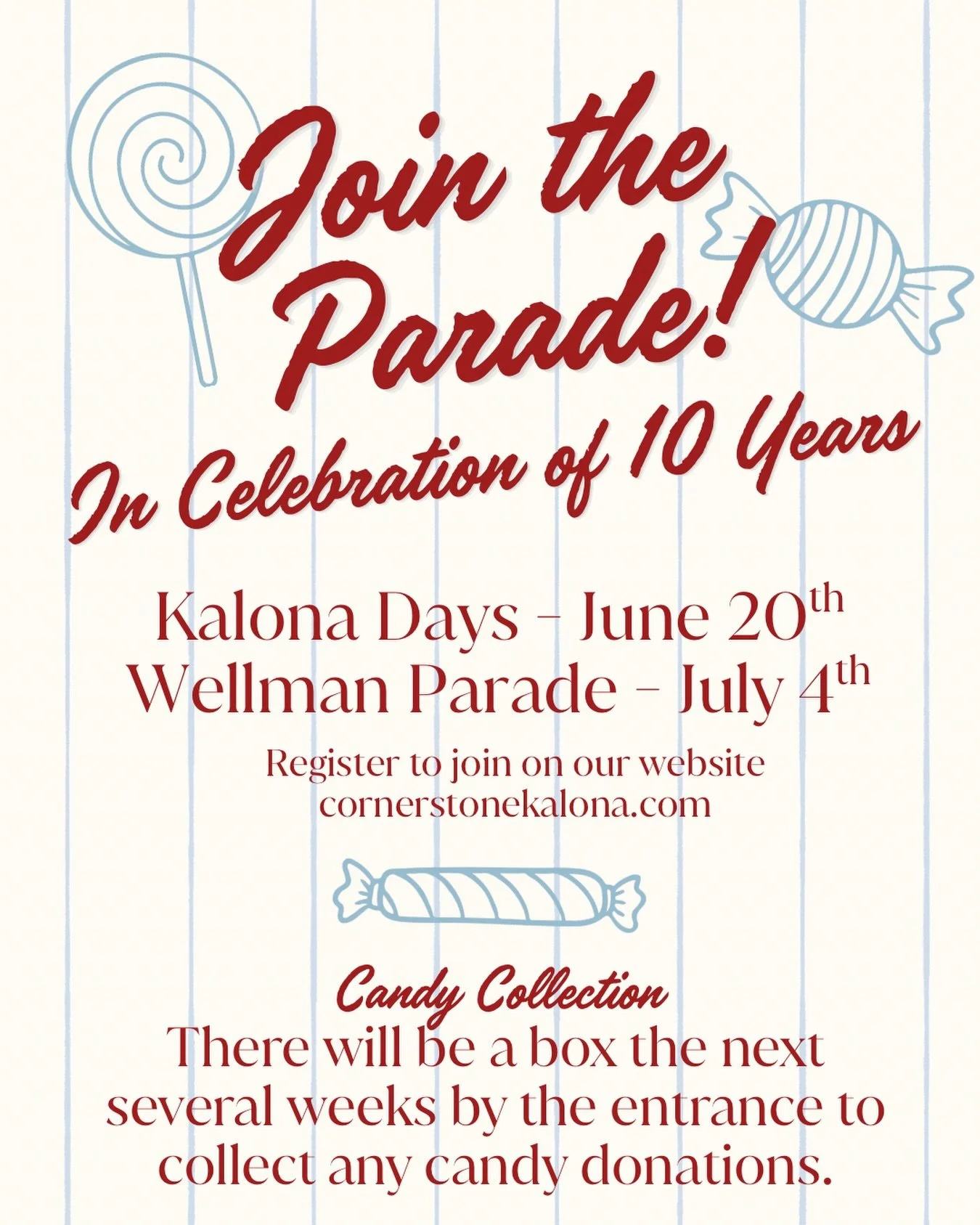 For our 10th Birthday, we&rsquo;re planning on having parade floats in both the Kalona and Wellman Parades. Everyone is welcome to participate! Please register so we know how many to plan for. You can sign up on our website or the Church Center app u