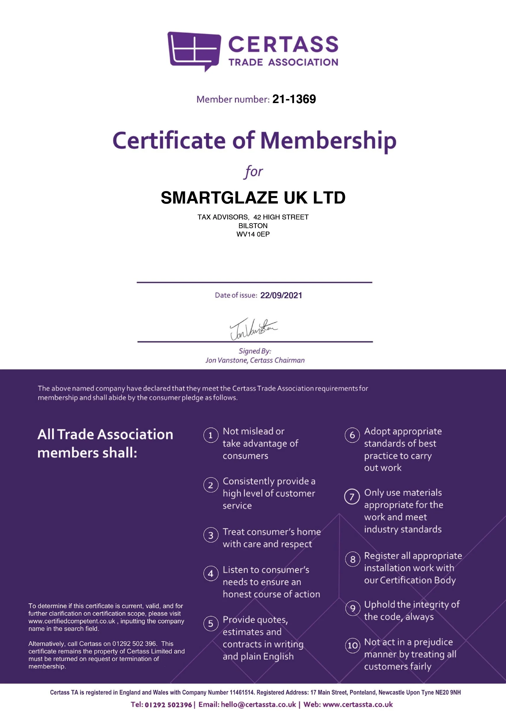 Certass Certificate of Membership for SmartGlaze UK LTD.
