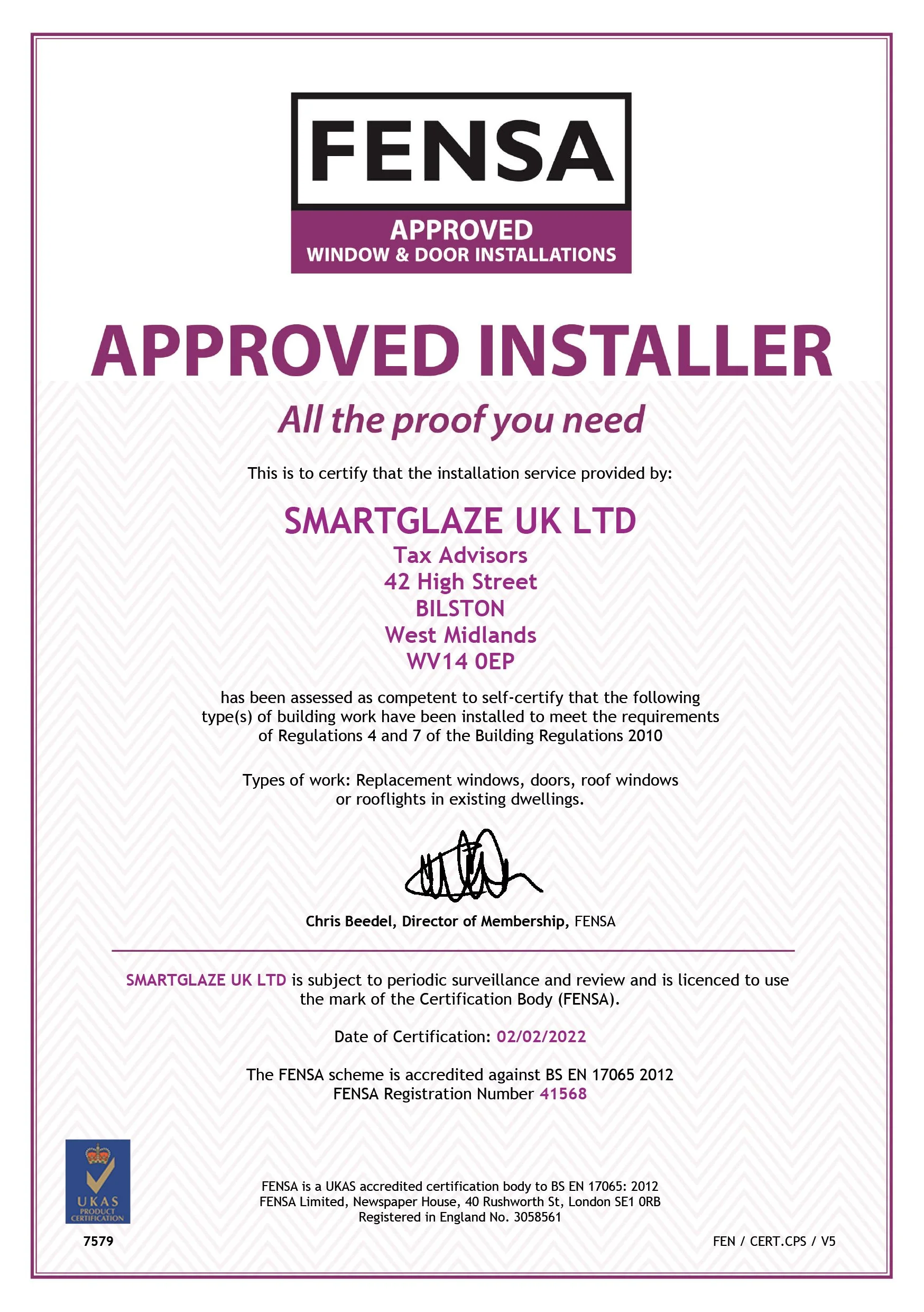 Fensa certificate for smart glaze for approved installer.