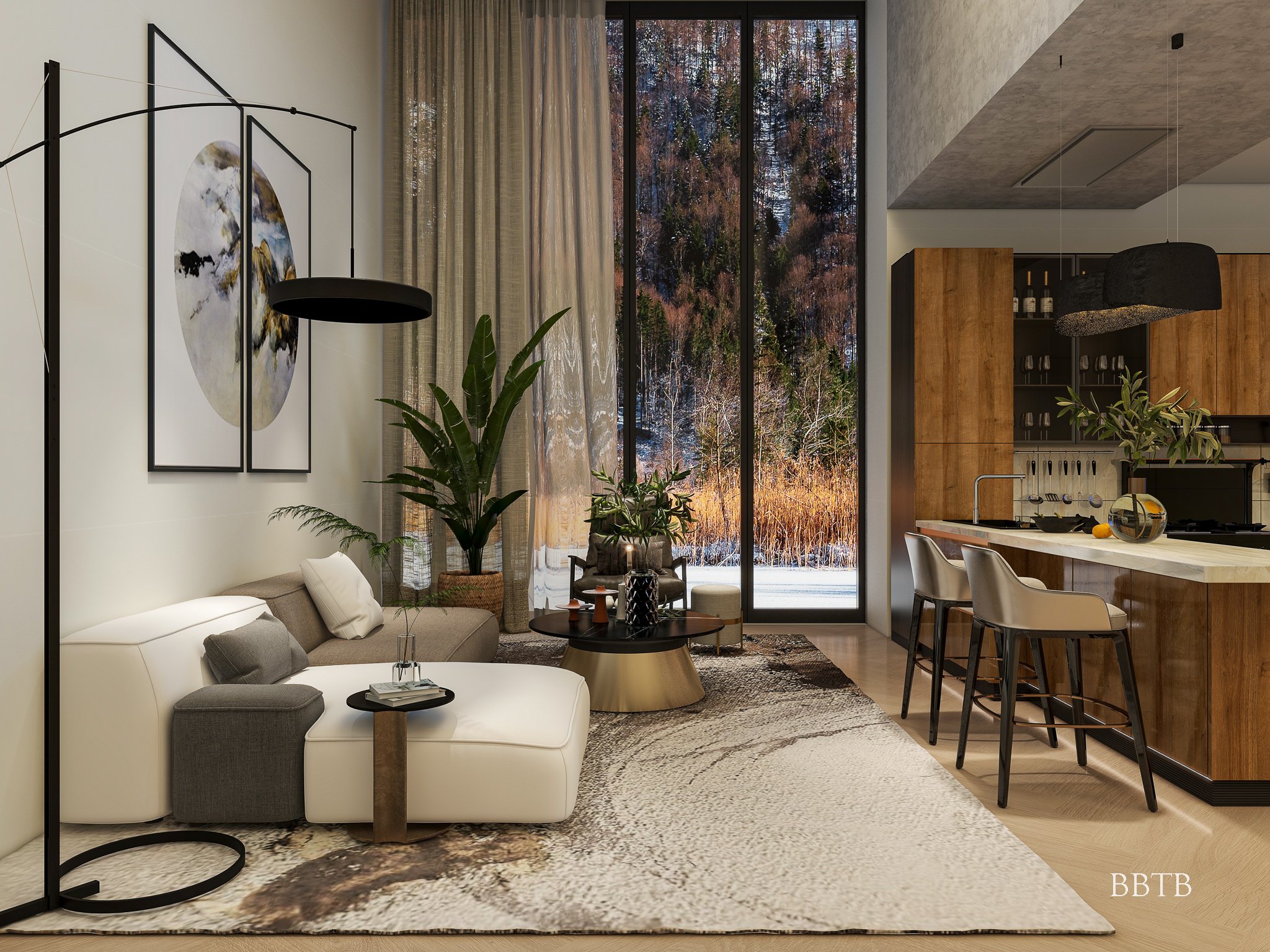 Modern living room with a large window, beige sofa, abstract artwork, indoor plants, and a kitchen area with wooden cabinetry.