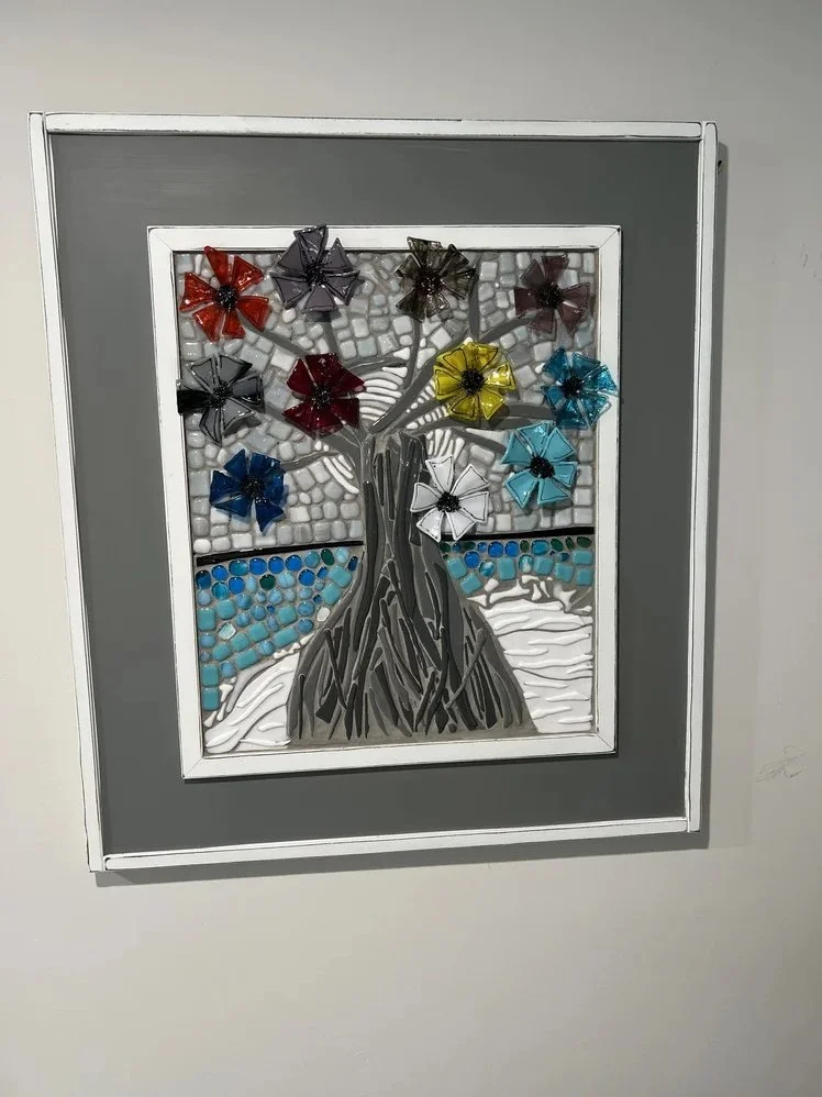 Tree of Life on the Beach -fused glass mosaic 24"x30" framed