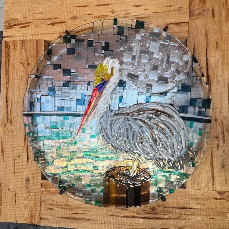 Pelican in Moonshine - 30"x30" fused glass on pecky cypress