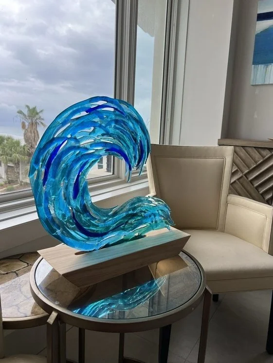 Floating fused glass wave on cypress base - 22"x18" Ontario, CA