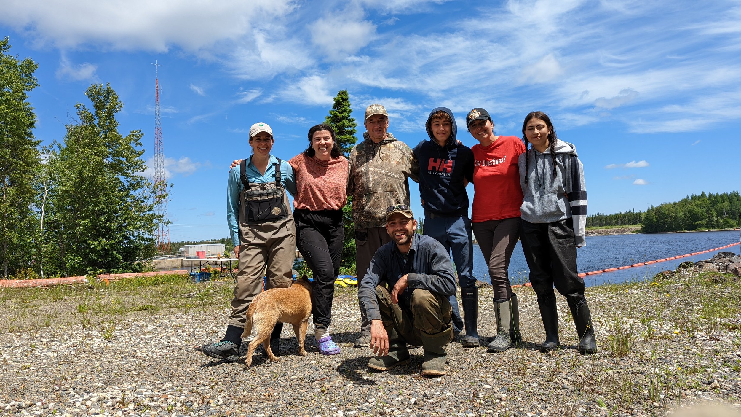 The Mattagami River Field Crew for 2022! From left to right, top to bottom: Connie O'Connor, Claire Farrell, Roger Simard, Justin Simard, Jennifer Simard, Ocean Skye Phillips, JD, Jacob Seguin.