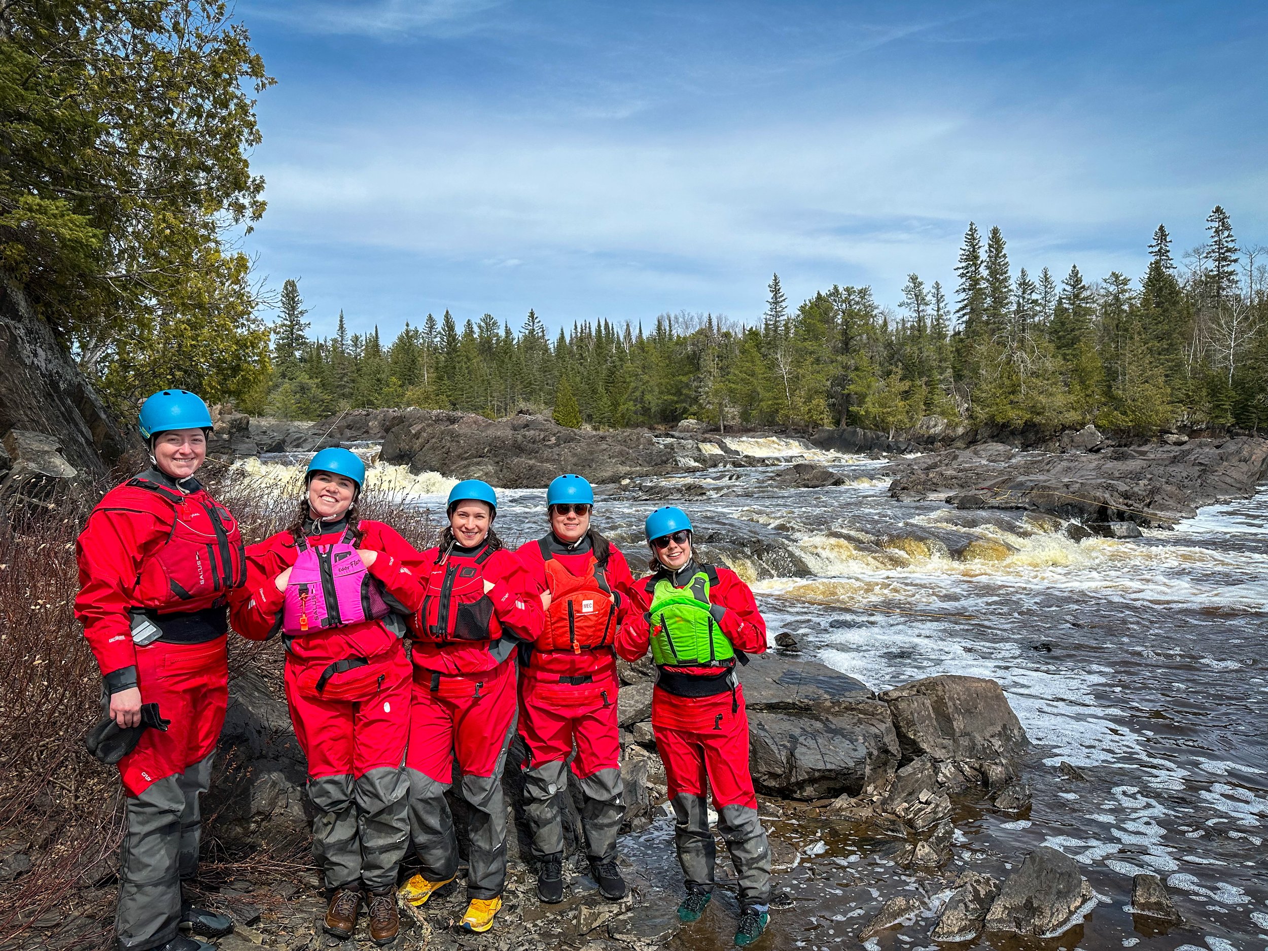 From left to right: Allison McKenzie, Claire Farrell, Haley MacLeod, Kelsie Iserhoff, and Connie O'Connor at the swiftwater rescue training