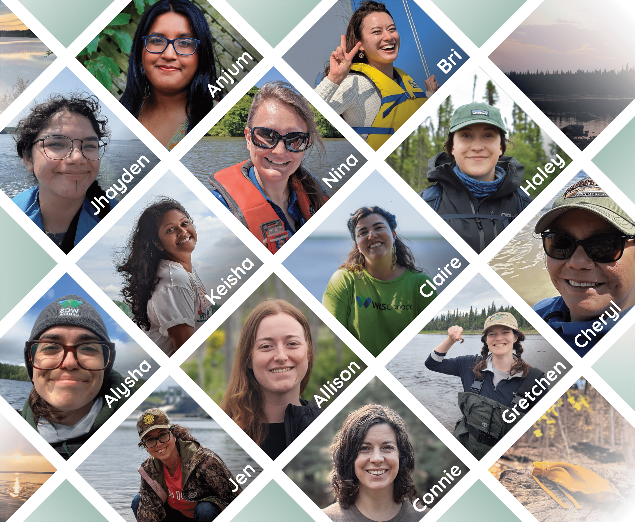 A graphic containing photos of our team members: Jhayden, Anjum, Alysha, Keisha, Nina, Bri, Jen, Allison, Claire, Haley, Connie, Gretchen, and Cheryl.