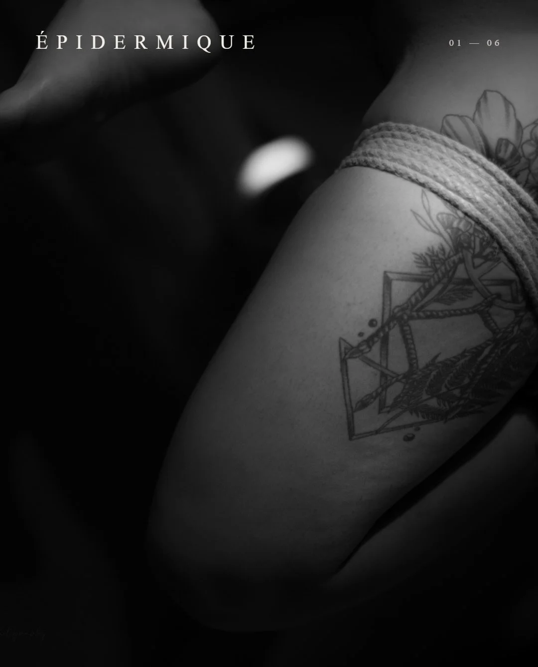 &Eacute;pidermique&nbsp;&mdash; I.
Deux fragments d&rsquo;une m&ecirc;me s&eacute;ance, o&ugrave; la corde du&nbsp;shibari&nbsp;ne retient pas le corps : elle le dessine. Le chanvre &eacute;pouse la peau, souligne une texture, une tension, une respir