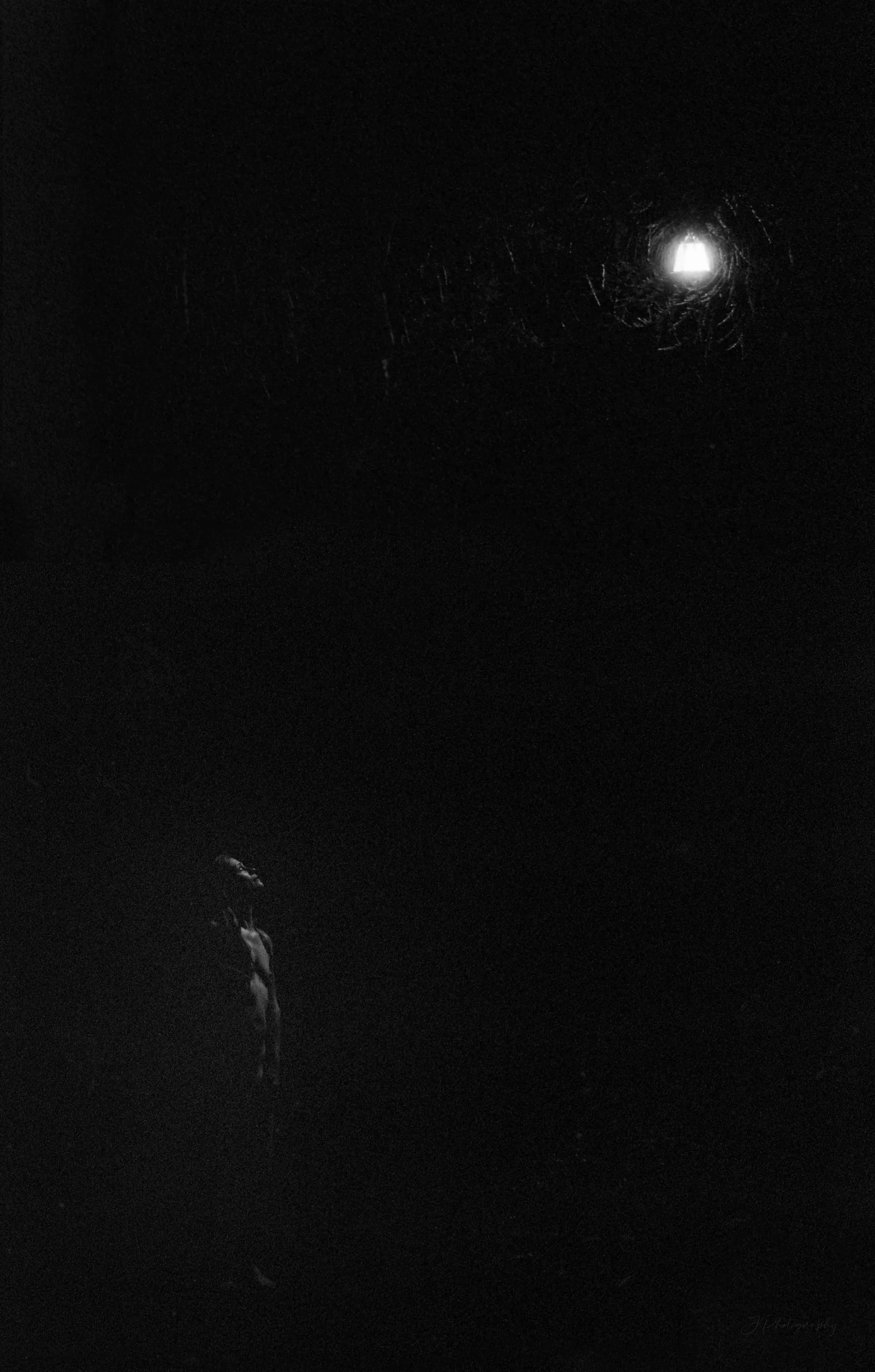 Une vue de la surface lunaire dans l'obscurité, avec un astronaute dans un scaphandre en bas à gauche et l'astronaute regardant la Terre dans l'espace.