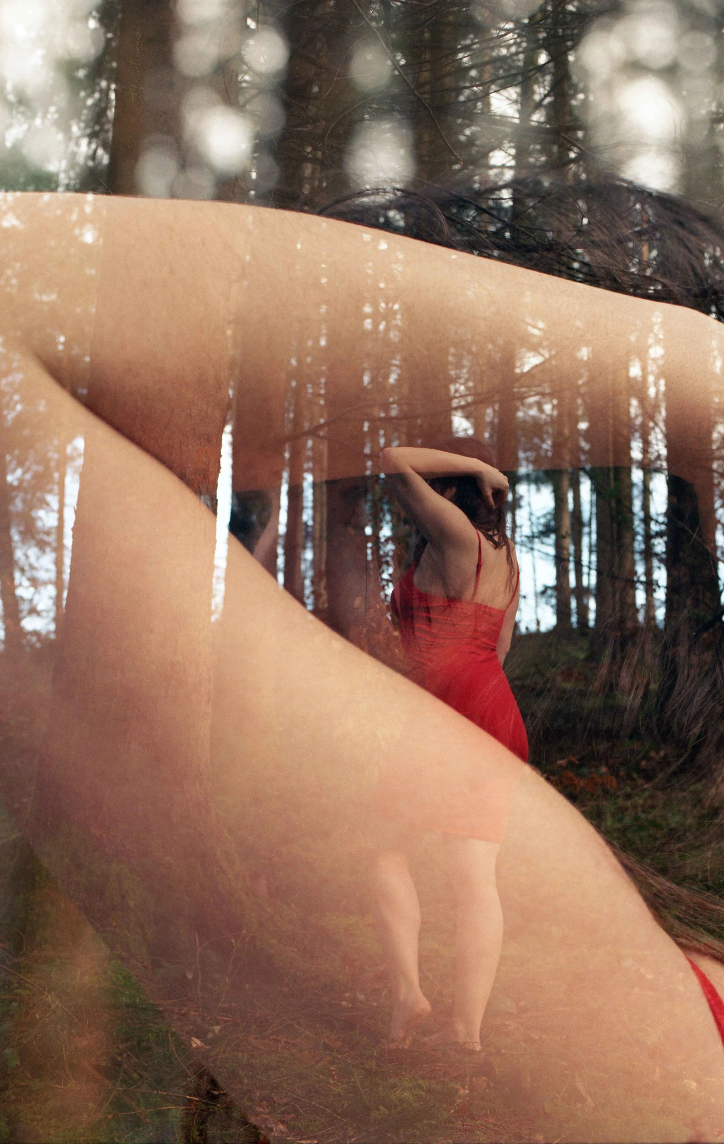 Double exposition argentique. Une femme en robe rouge dans une forêt, vue à travers une vitre avec reflets et reflets d'arbres et de lumière