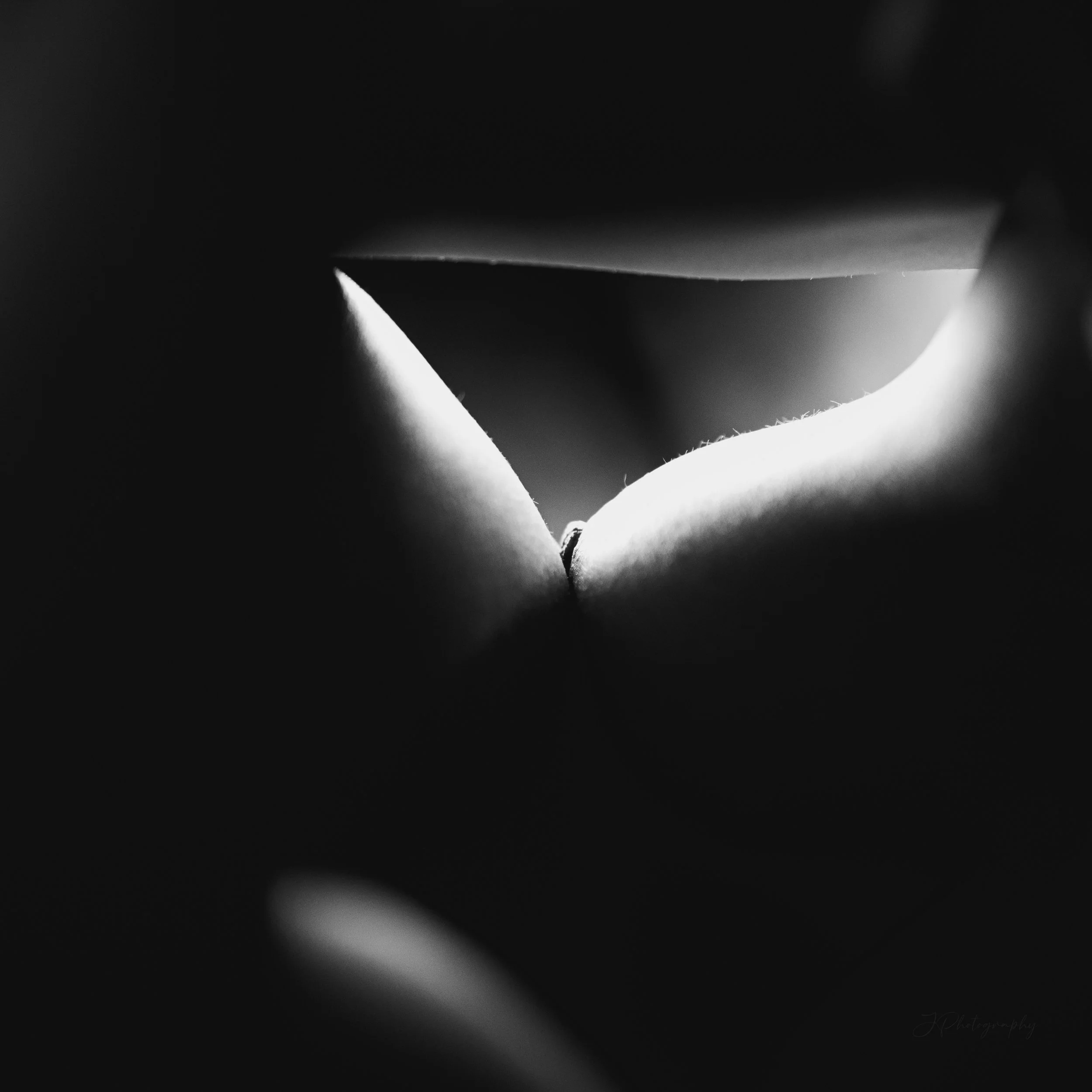 Détail d'une image très contrastée en noir et blanc, montrant une partie d'un visage et de la poitrine d'une femme nue.