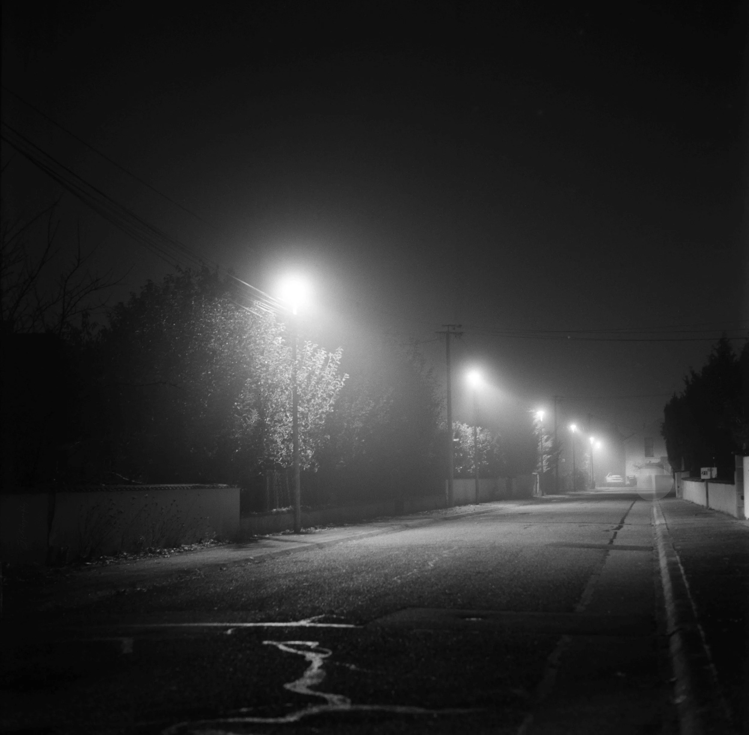 Rue pavée sombre avec lampadaires allumés et un ciel noir clair, peu d'arbres et de bâtiments visibles.