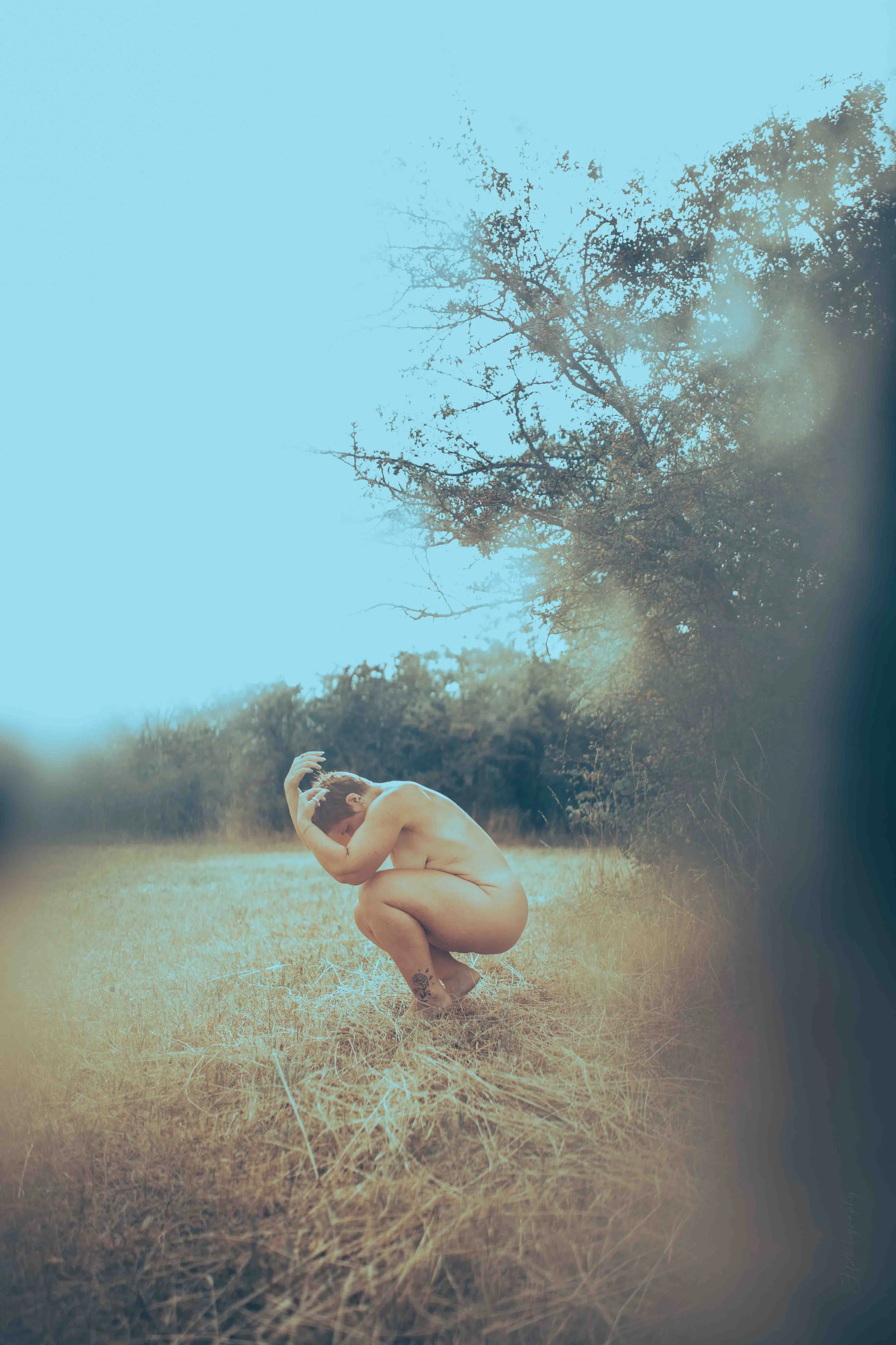 Une femme nue en position accroupie dans une prairie, en train de se couvrir la tête avec ses mains, avec des arbres en arrière-plan et un ciel bleu clair.