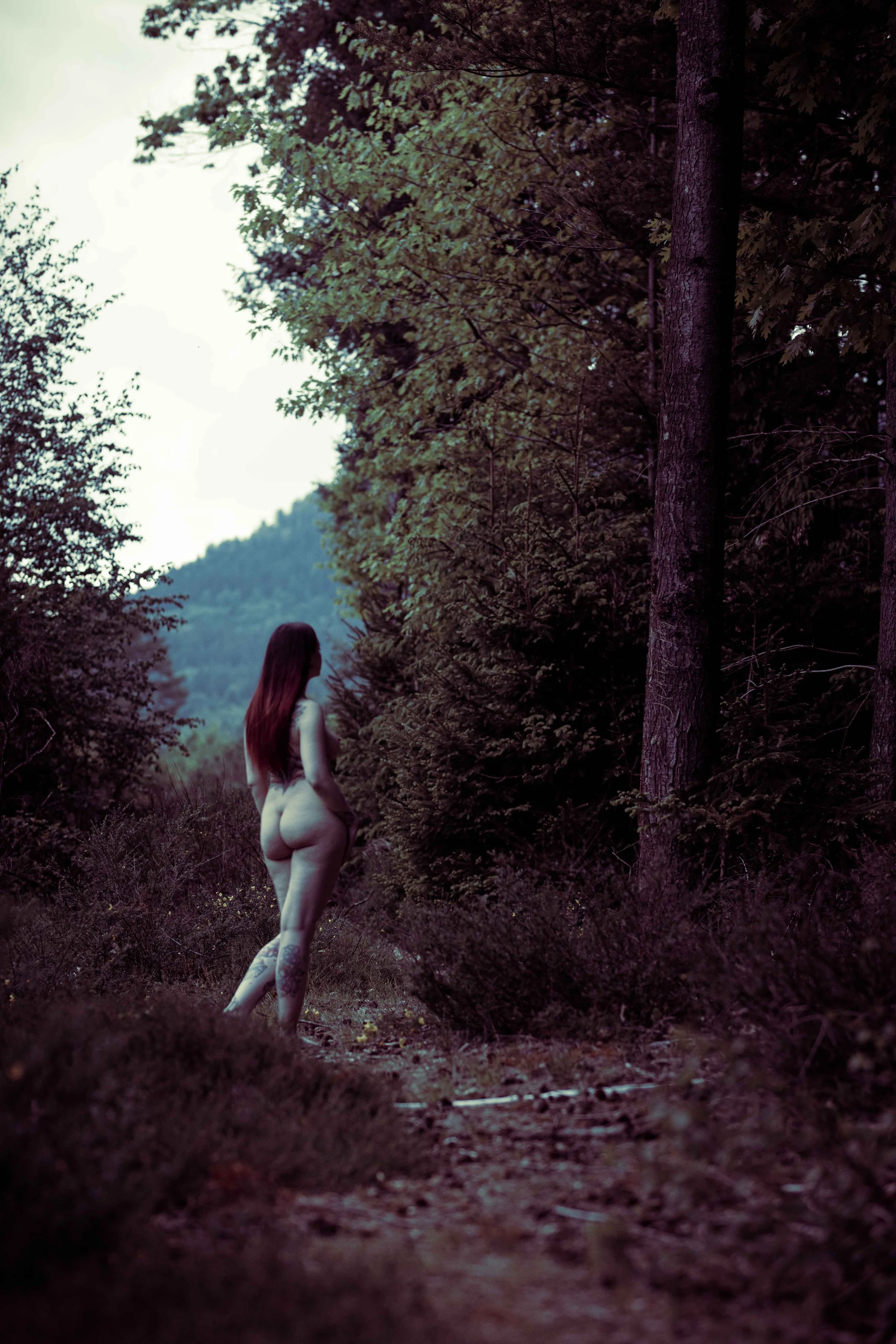 Une femme nue avec des tatouages sur le corps, se tenant dans une forêt dense, vue de dos.
