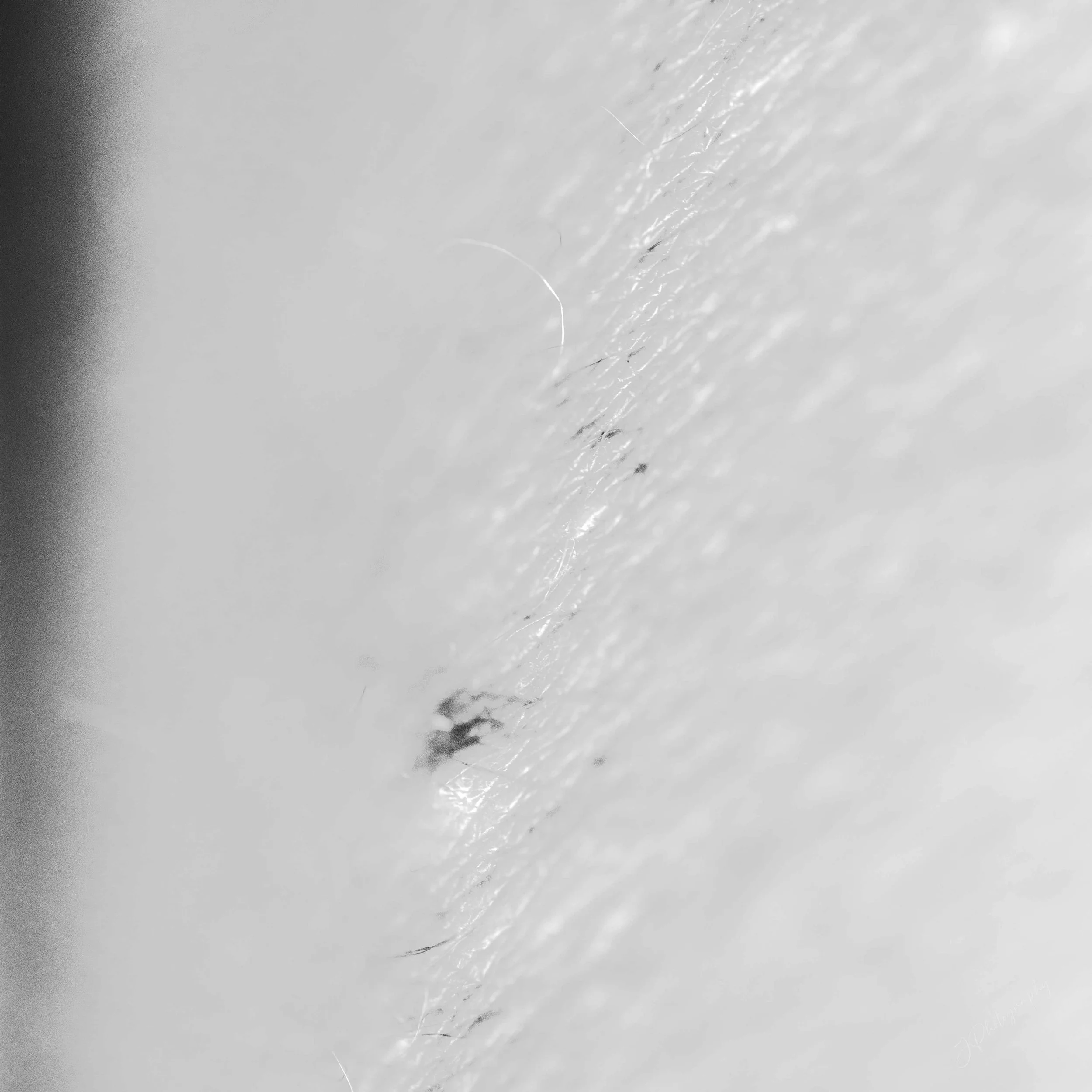 Photo en noir et blanc d'une surface rugueuse avec des stries et de petites déchirures, certains fils ou fibres sont visibles sur la surface.