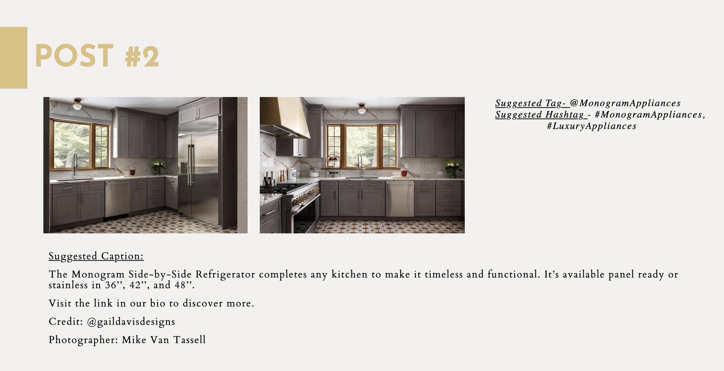 Comparison of two kitchen photos featuring Monogram appliances, showcasing a modern kitchen with gray cabinets, marble countertops, large windows, and patterned tile flooring.